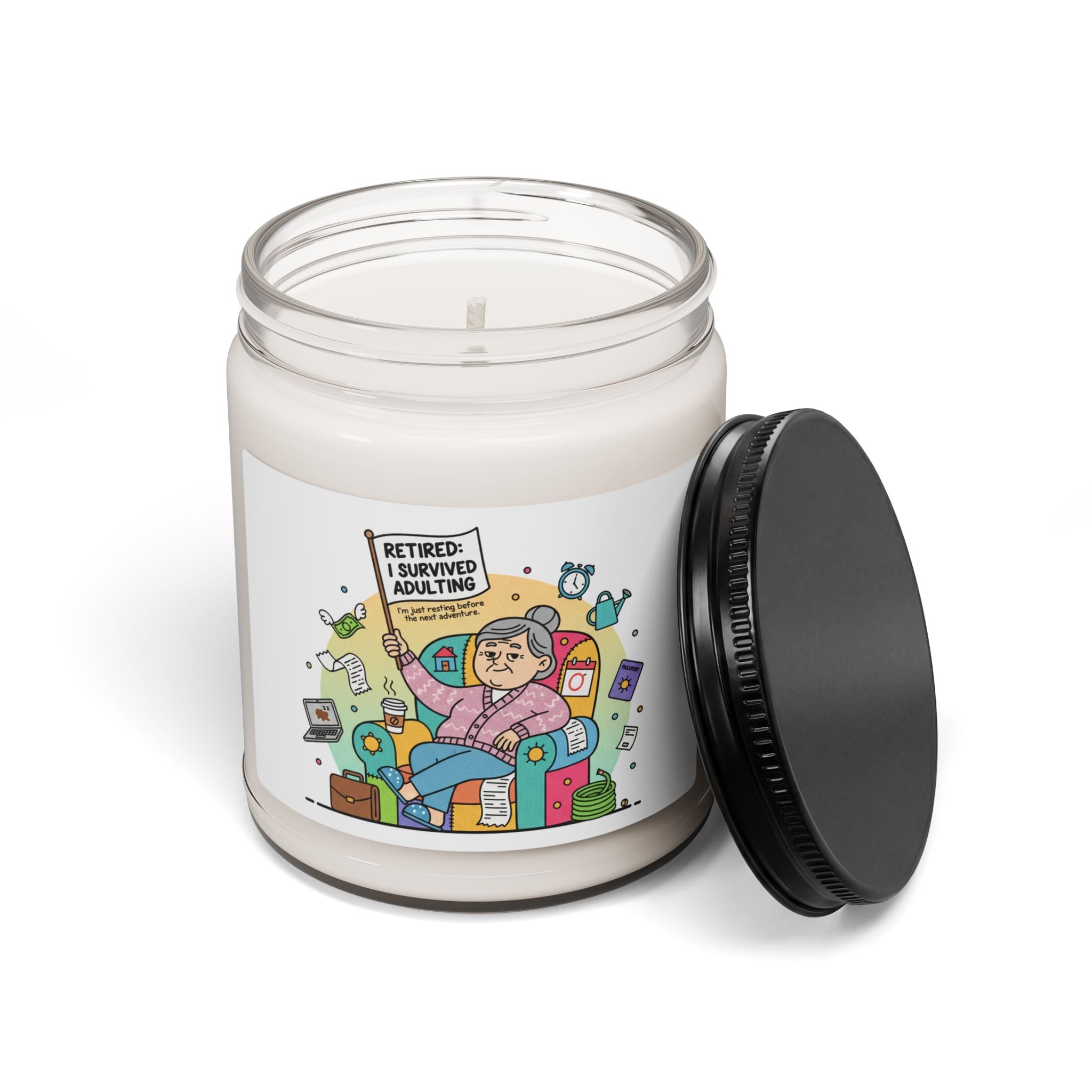 Candle jar with a colorful label featuring an illustration of a retired person and text on a white background.
