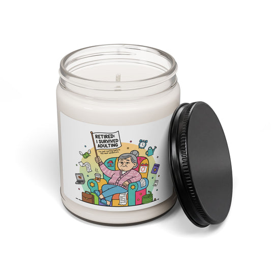 Candle jar with a colorful label featuring an illustration of a retired person and text on a white background.