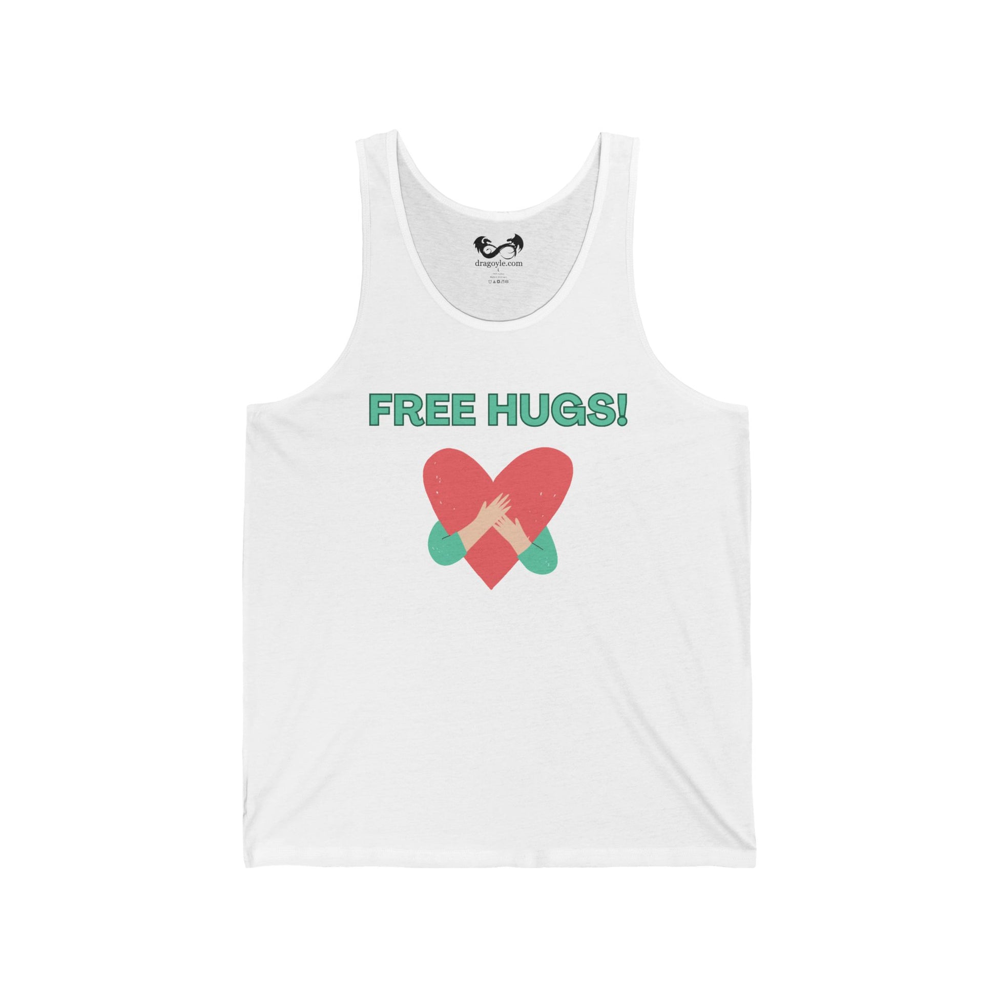 White tank top with 'FREE HUGS!' text and heart design on a white background