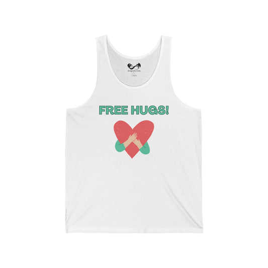 White tank top with 'FREE HUGS!' text and heart design on a white background