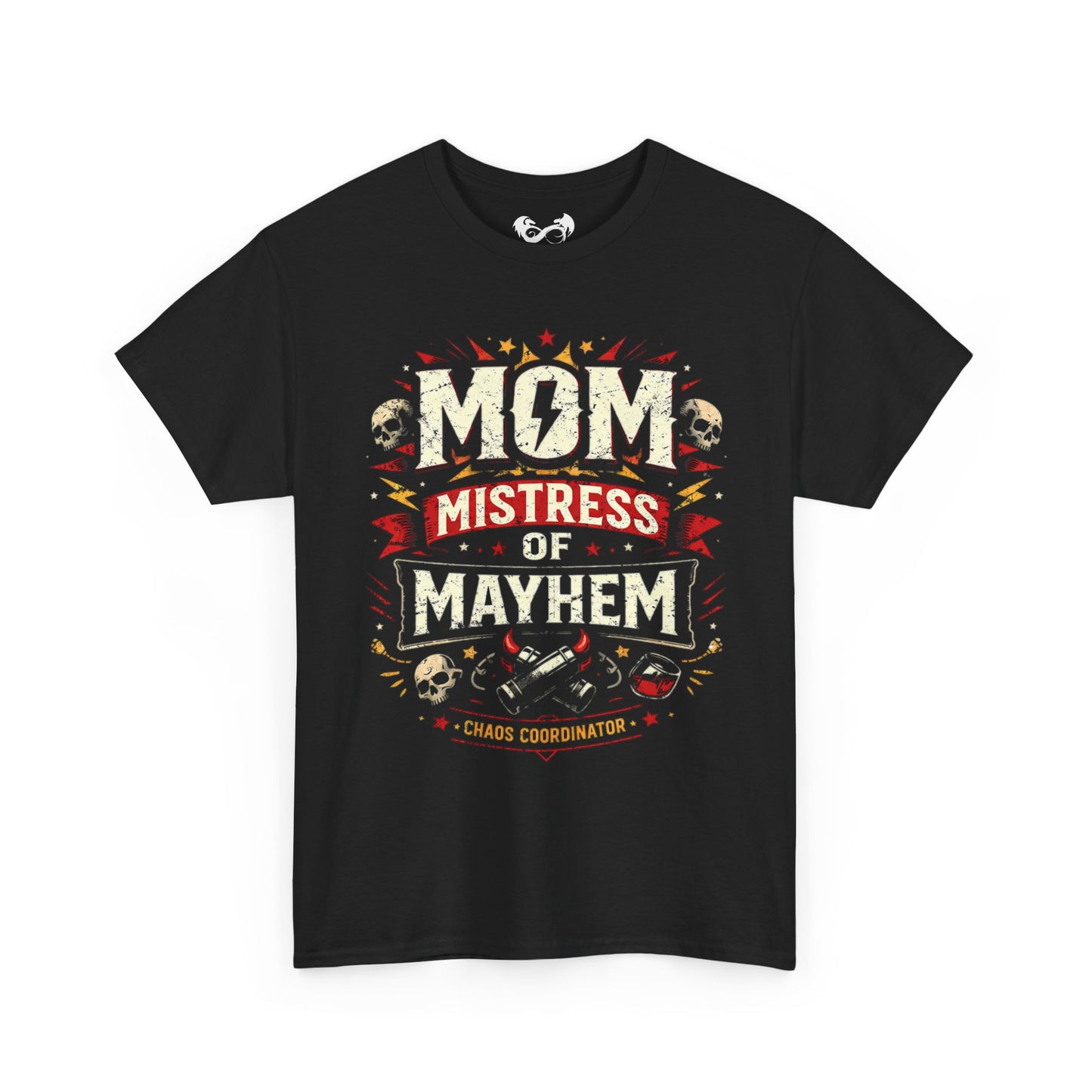 Black t-shirt with 'Mom Mistress of Mayhem' text design on a white background