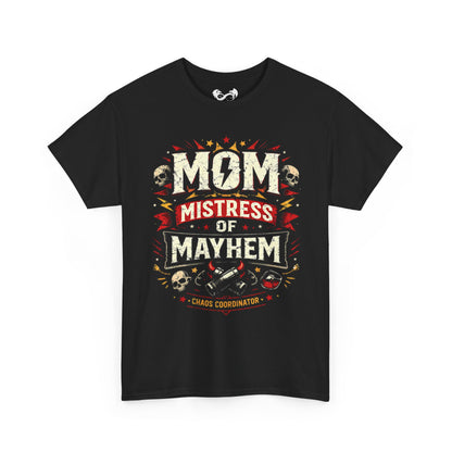 Black t-shirt with 'Mom Mistress of Mayhem' text design on a white background