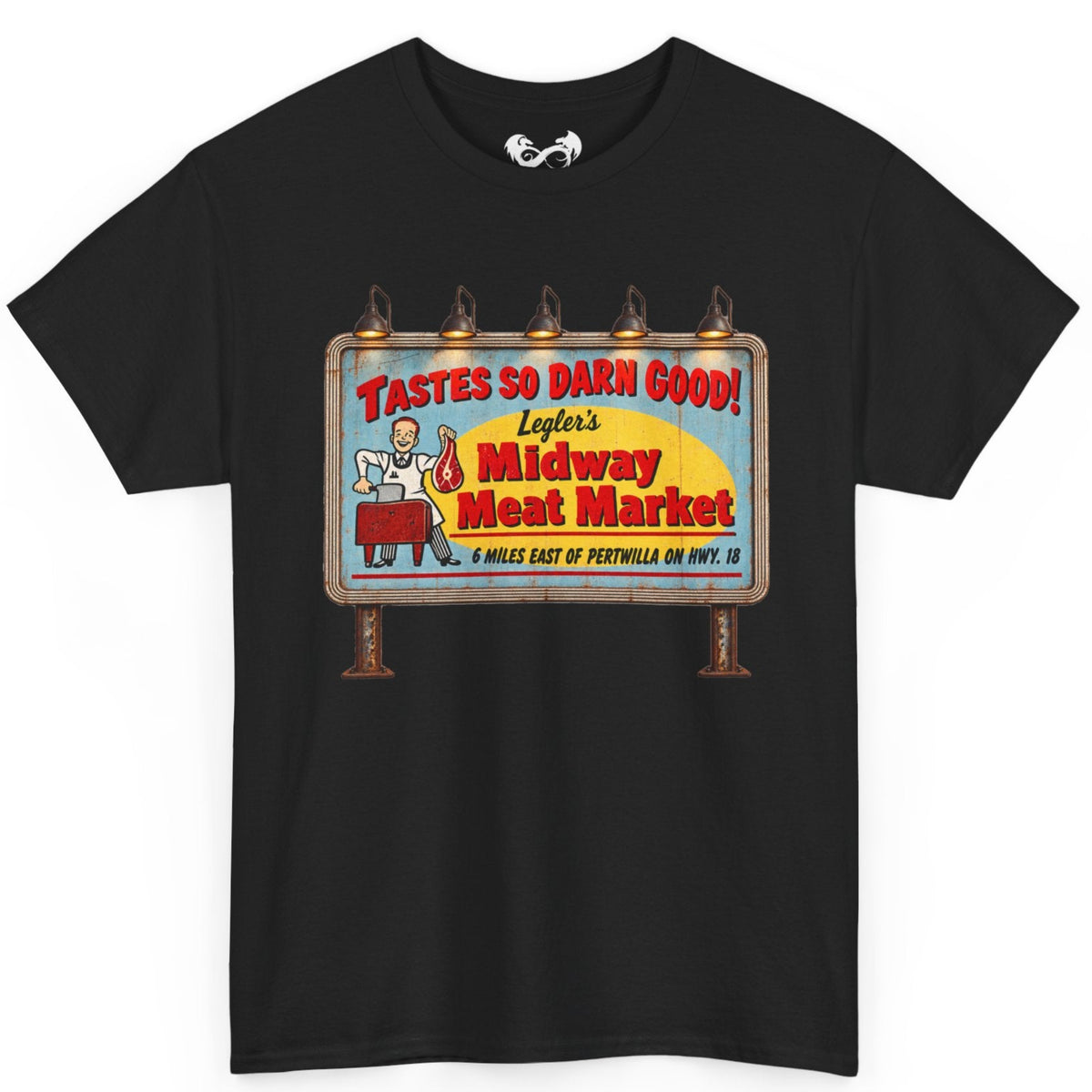 Bring a little vintage roadside horror to your wardrobe with this Jeepers Creepers-inspired Midway Meat Market T-shirt. Featuring the unmistakable retro roadside billboard design, distressed colors, bold red lettering, and classic old-school butcher-shop artwork, this shirt has the perfect mix of creepy, nostalgic, and Americana charm.