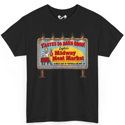 Bring a little vintage roadside horror to your wardrobe with this Jeepers Creepers-inspired Midway Meat Market T-shirt. Featuring the unmistakable retro roadside billboard design, distressed colors, bold red lettering, and classic old-school butcher-shop artwork, this shirt has the perfect mix of creepy, nostalgic, and Americana charm.