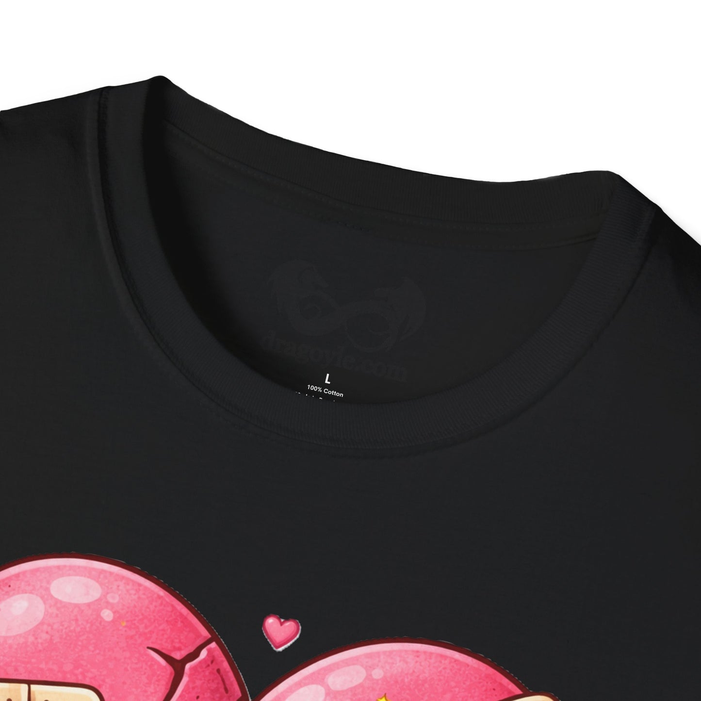 Black t-shirt with pink graphic design on a white background