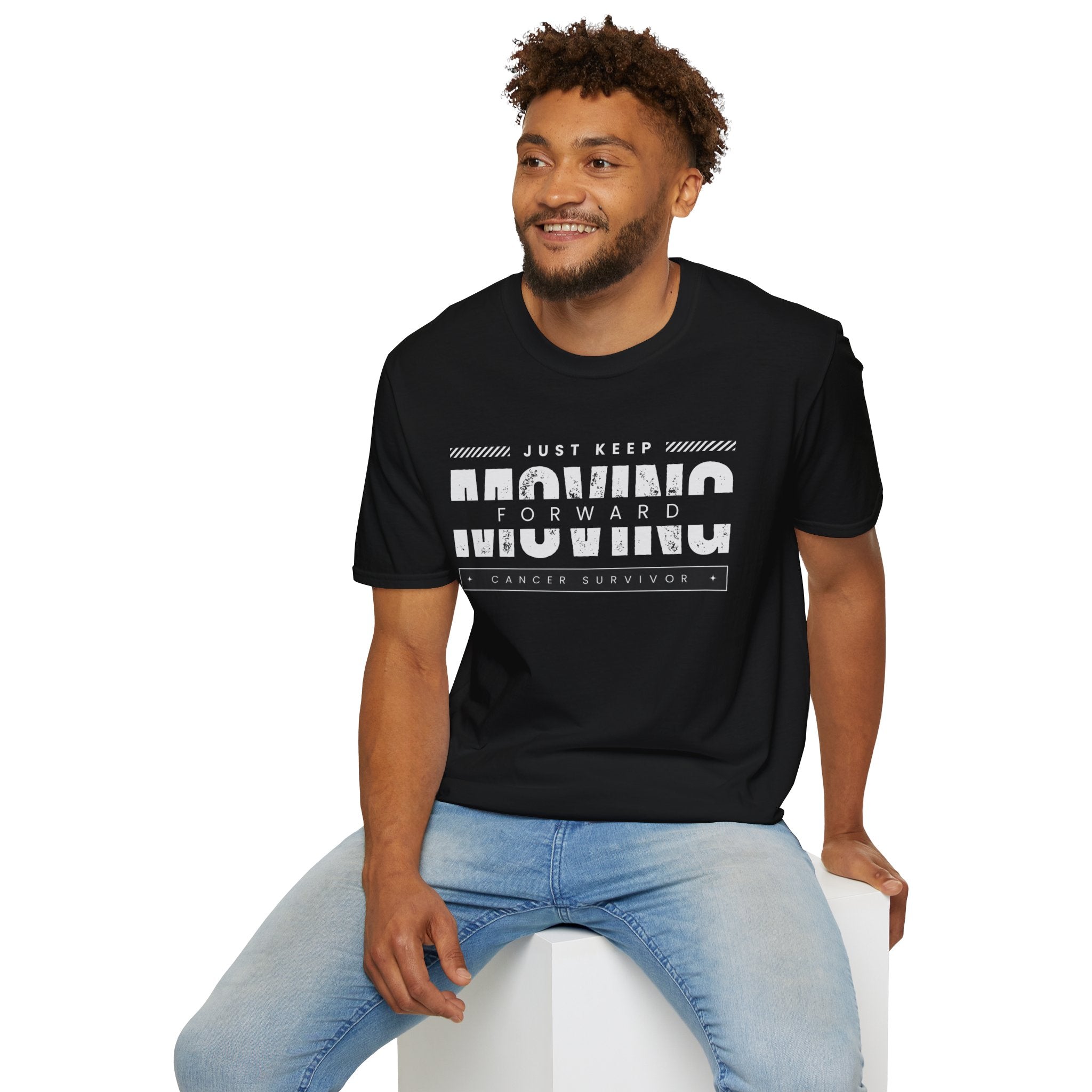 This unisex t-shirt is a canvas for self-expression, crafted for those who embrace resilience. With the phrase "Just Keep Moving Forward - Cancer Survivor" emblazoned across the chest, it celebrates strength and spirit.