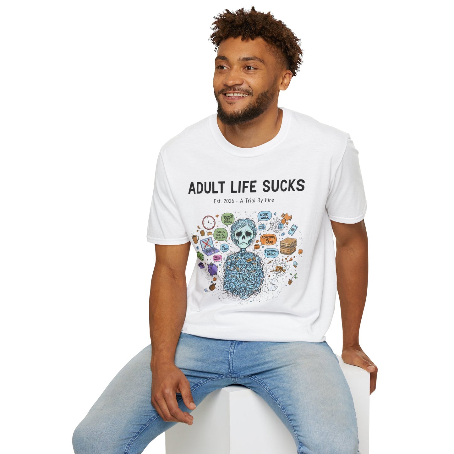 Adult Life Sucks Blue Skull Comfortable 100% Spun Cotton Tee