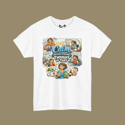 White t-shirt with colorful graphic design on a white background