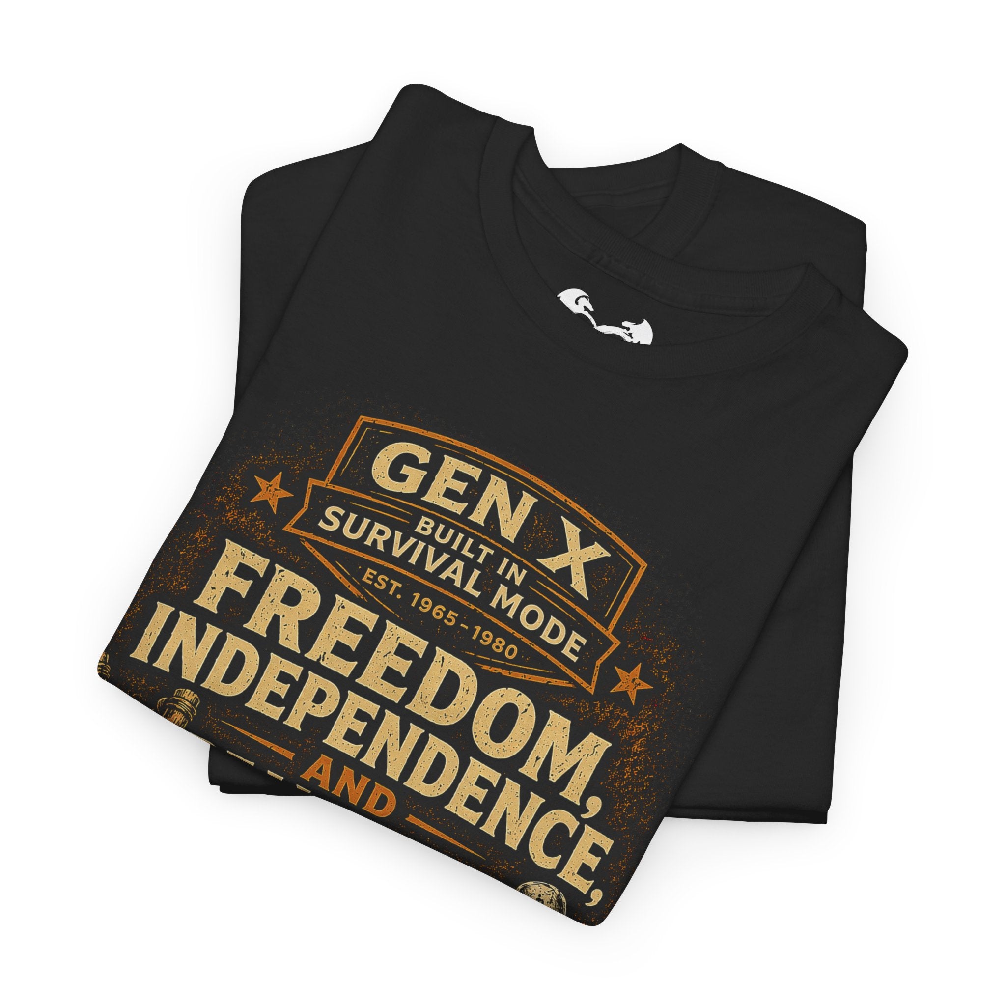 Black t-shirt with 'GEN X Built in Survival Mode' text design on a white background