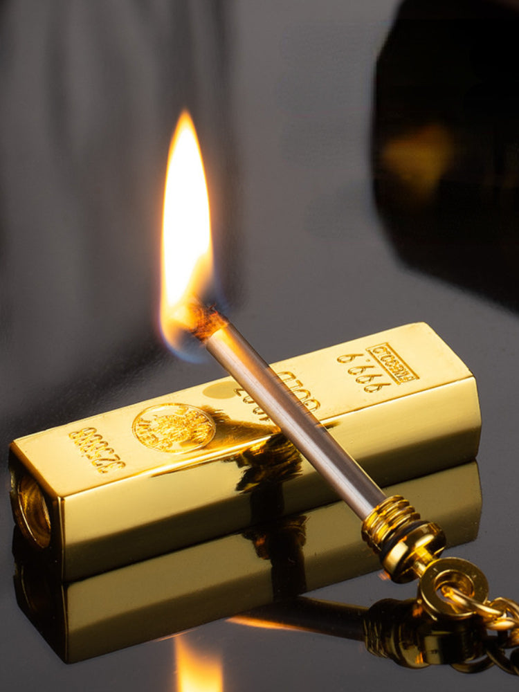 This Gold Bar Ten Thousand Strikes Lighter is perfect for avid outdoor adventurers, thanks to its reliable wind-resistant flame that can withstand up to 10,000 strikes. Its durable design features a gold-plated finish and a classic flint-wheel ignition, making it the perfect choice for reliable lighting and style. 