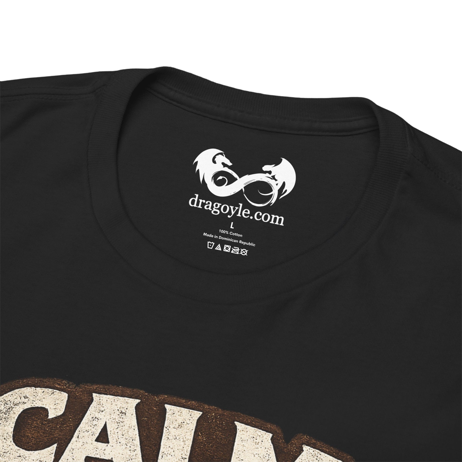 Black t-shirt with 'dragoyle.com' logo on the collar and partially visible text at the bottom.