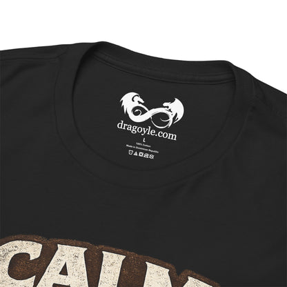 Black t-shirt with 'dragoyle.com' logo on the collar and partially visible text at the bottom.