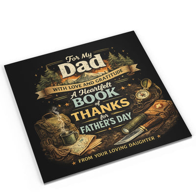 Book titled 'A Heartfelt Book of Thanks for Father's Day' with decorative elements on a white background