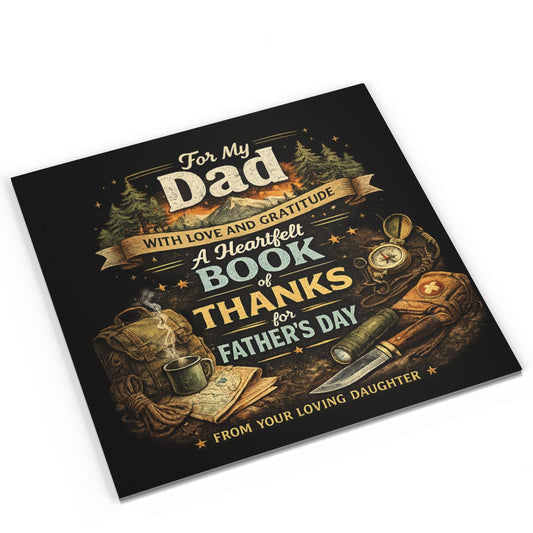 Book titled 'A Heartfelt Book of Thanks for Father's Day' with decorative elements on a white background