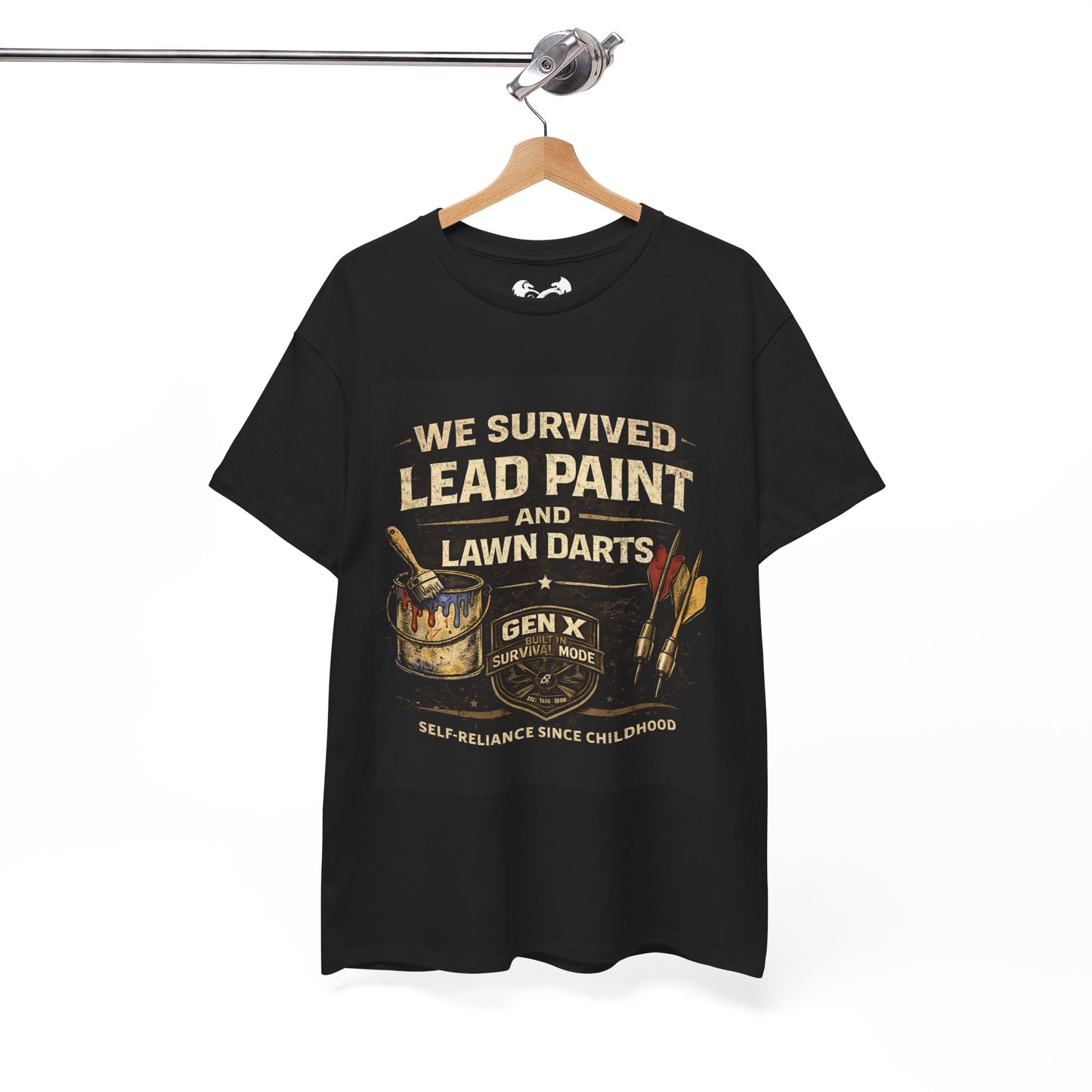 Black t-shirt with graphic design and text on a hanger against a white background