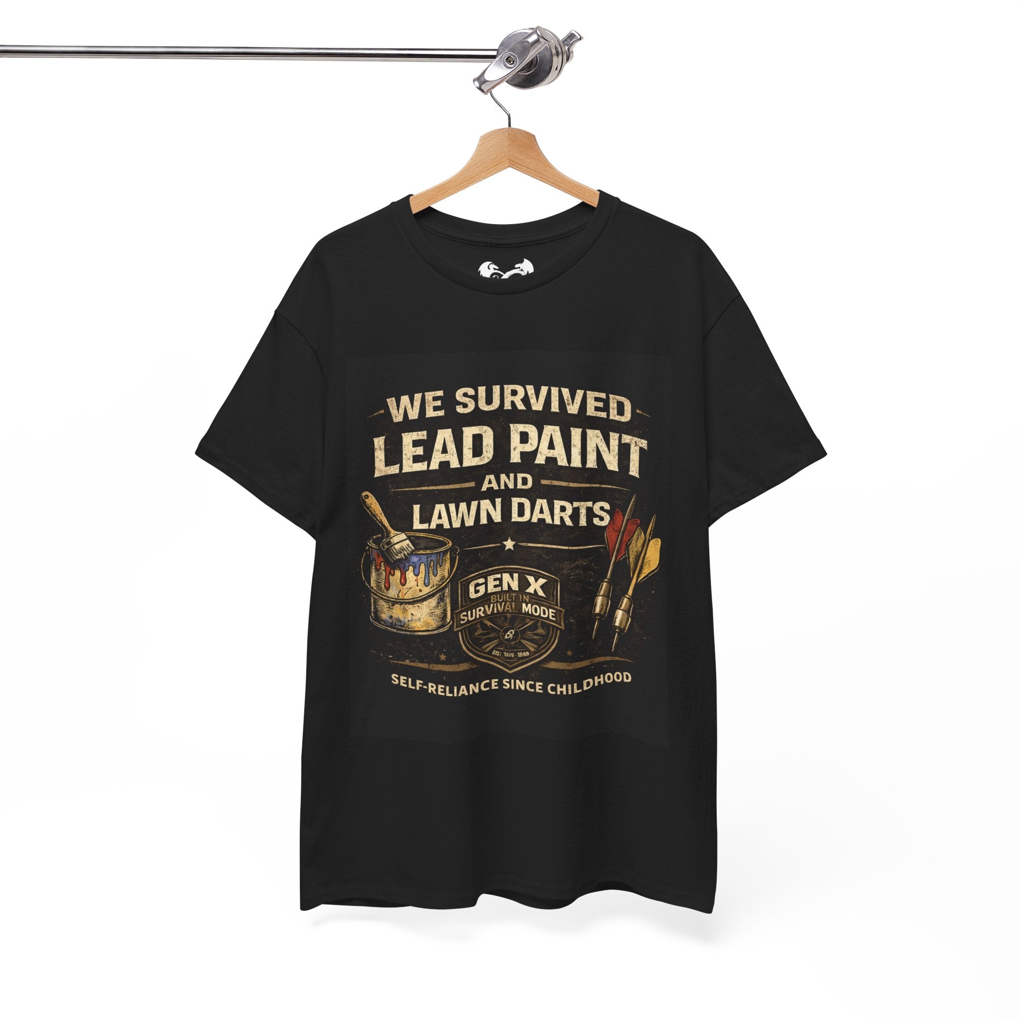 Black t-shirt with graphic design and text on a hanger against a white background