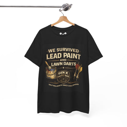 Black t-shirt with graphic design and text on a hanger against a white background