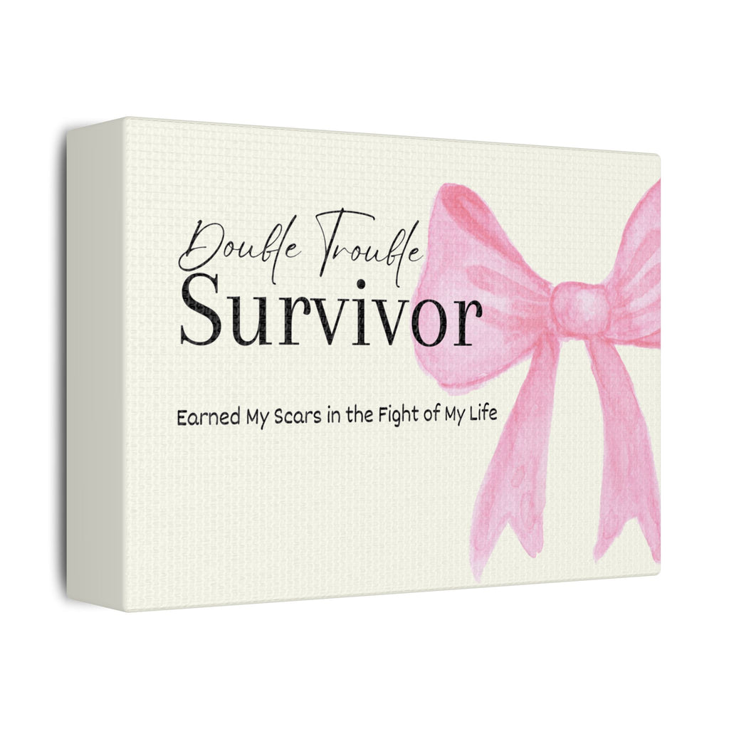 Box with pink bow and text 'Double Trouble Survivor' on a white background