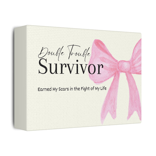 Box with pink bow and text 'Double Trouble Survivor' on a white background