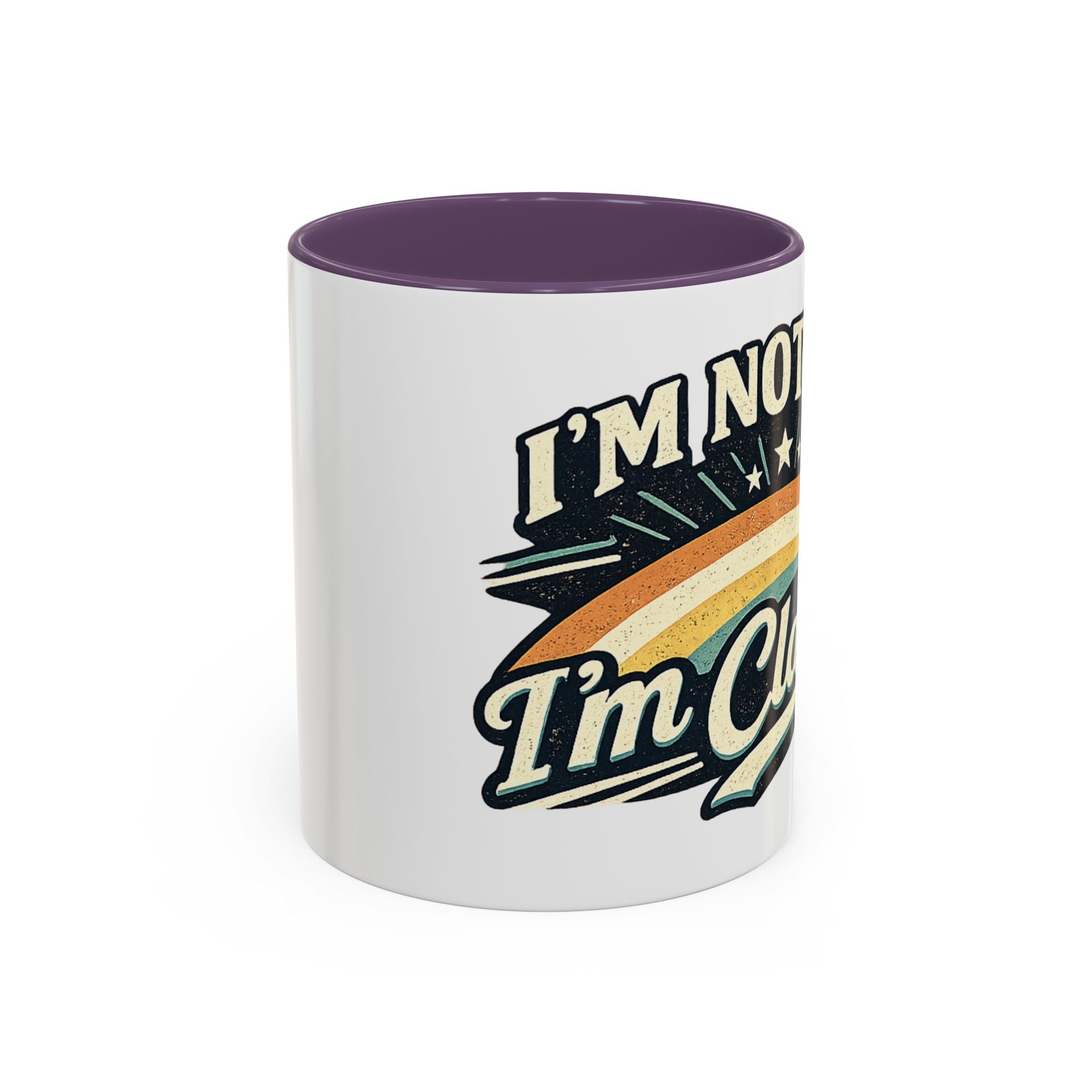 White mug with purple interior and 'I'm Not Lazy, I'm Clever' text design on a white background