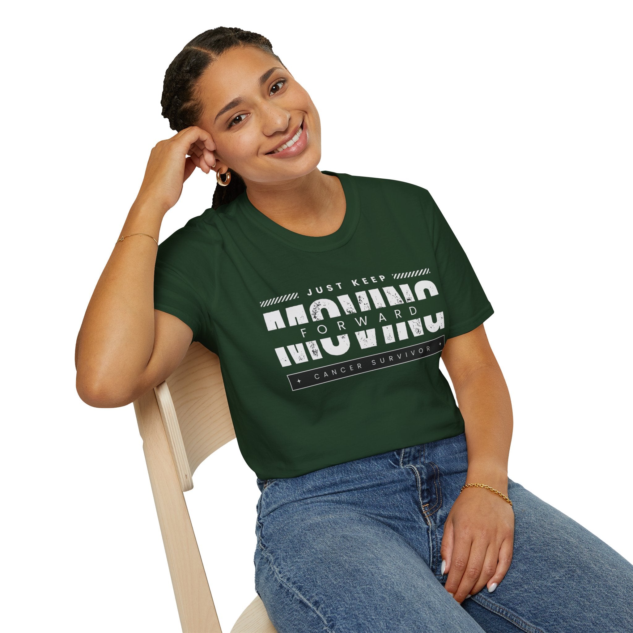 This unisex t-shirt is a canvas for self-expression, crafted for those who embrace resilience. With the phrase "Just Keep Moving Forward - Cancer Survivor" emblazoned across the chest, it celebrates strength and spirit.