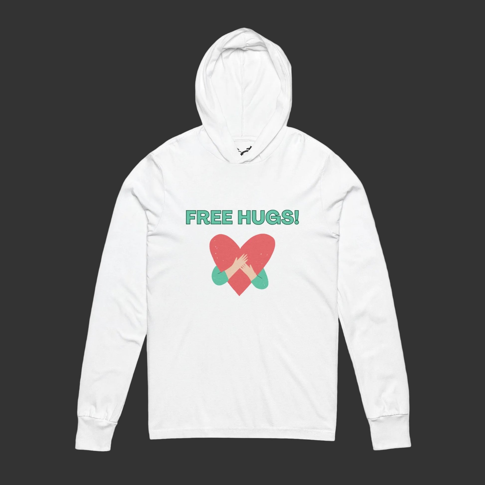 White hoodie with 'FREE HUGS!' text and heart design on a white background