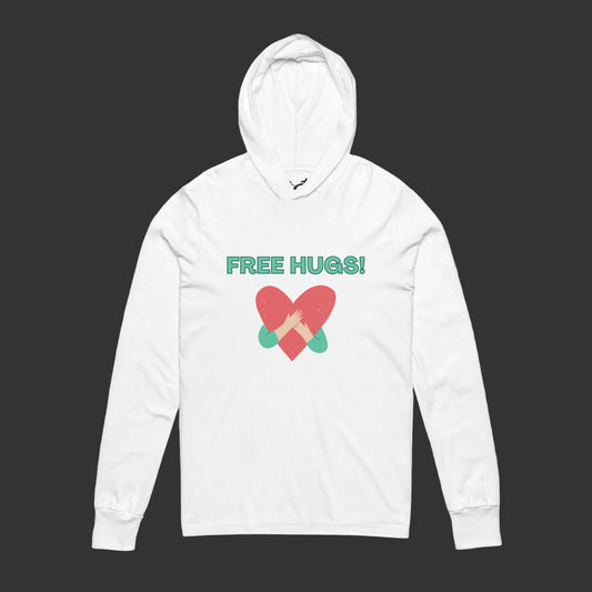 White hoodie with 'FREE HUGS!' text and heart design on a white background