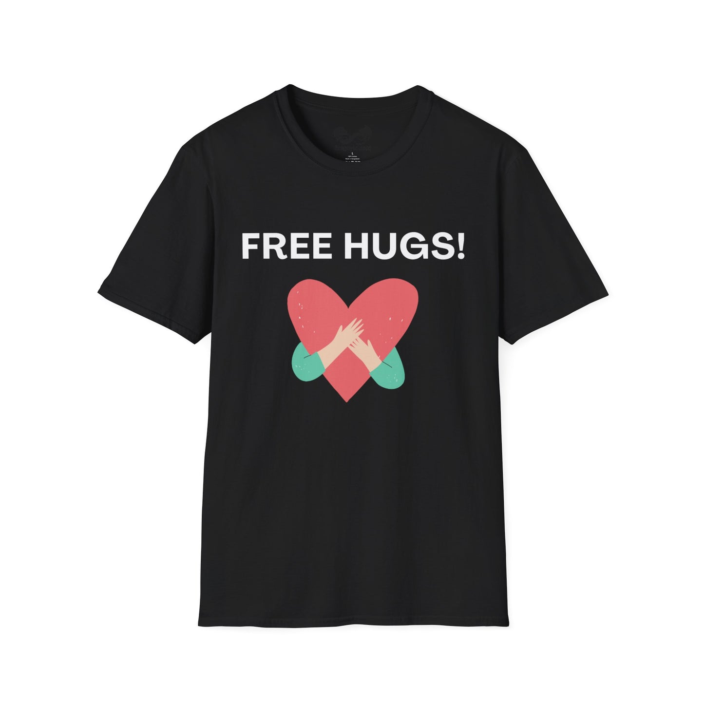 Black t-shirt with 'FREE HUGS!' text and heart design on a white background