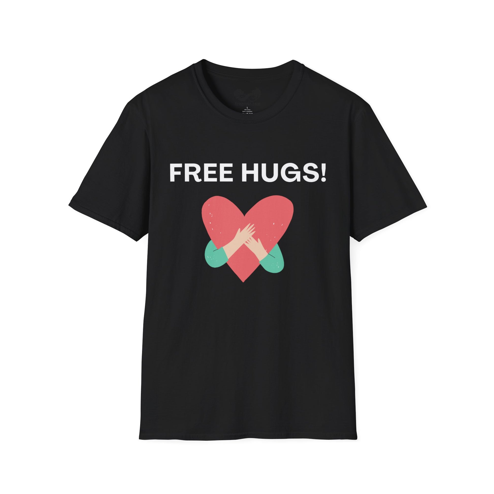 Black t-shirt with 'FREE HUGS!' text and heart design on a white background