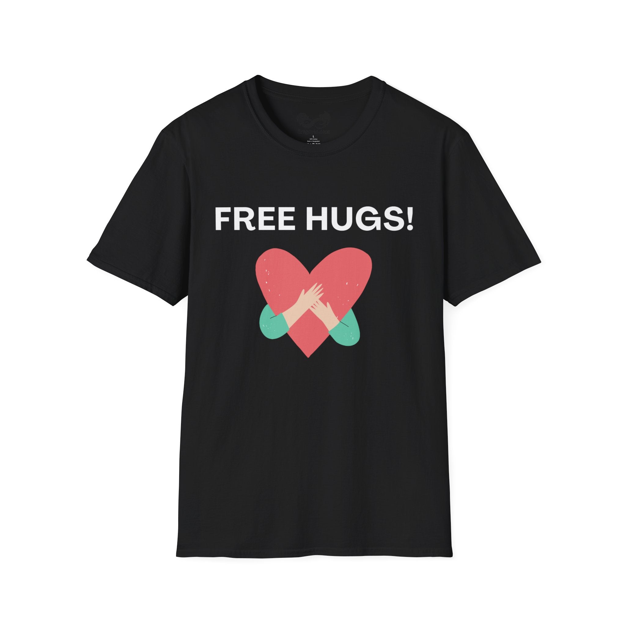 Black t-shirt with 'FREE HUGS!' text and heart design on a white background