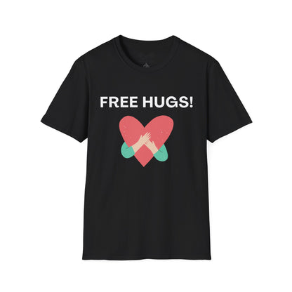 Black t-shirt with 'FREE HUGS!' text and heart design on a white background