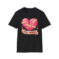 Black t-shirt with a heart graphic and 'Still Works' text on a white background