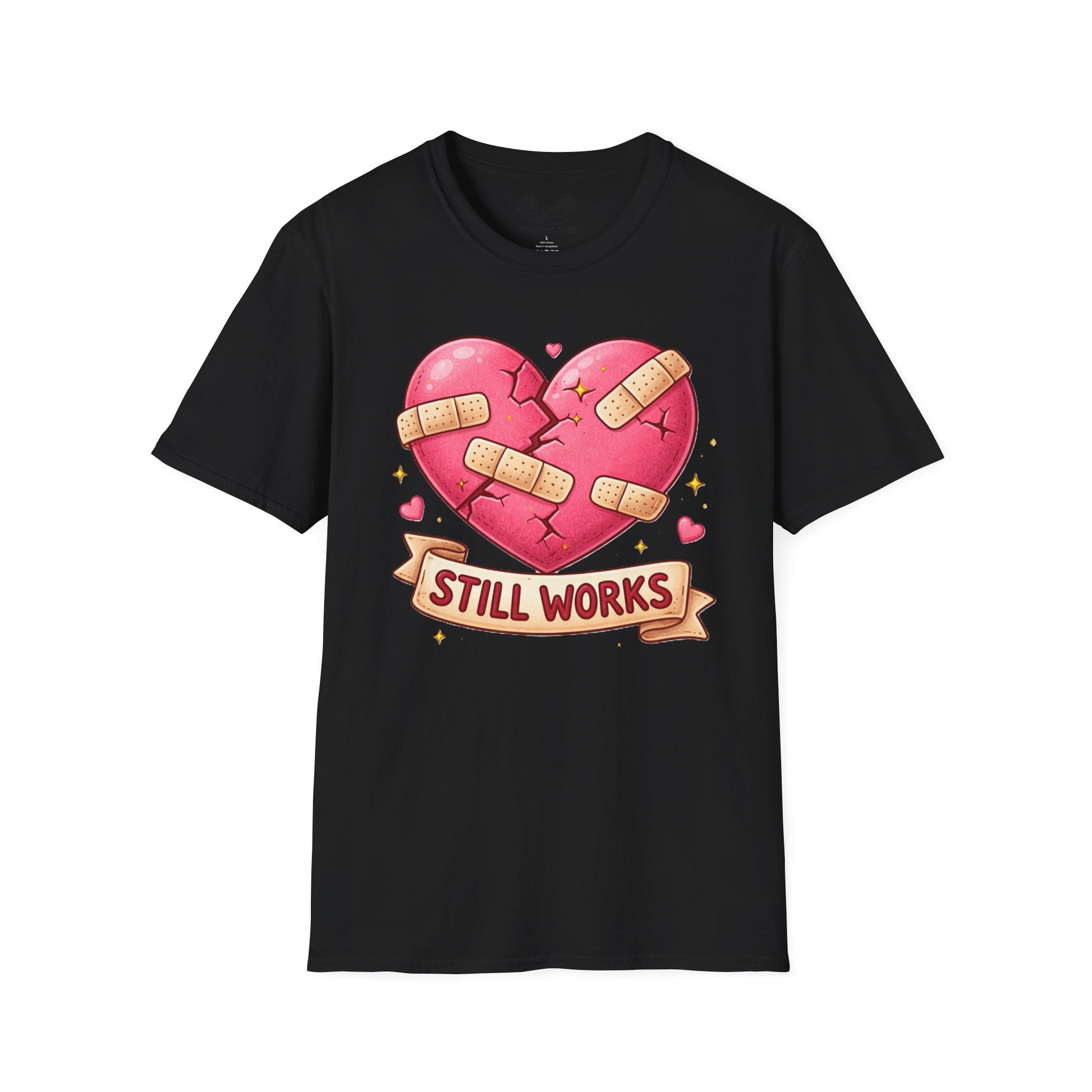 Black t-shirt with a heart graphic and 'Still Works' text on a white background