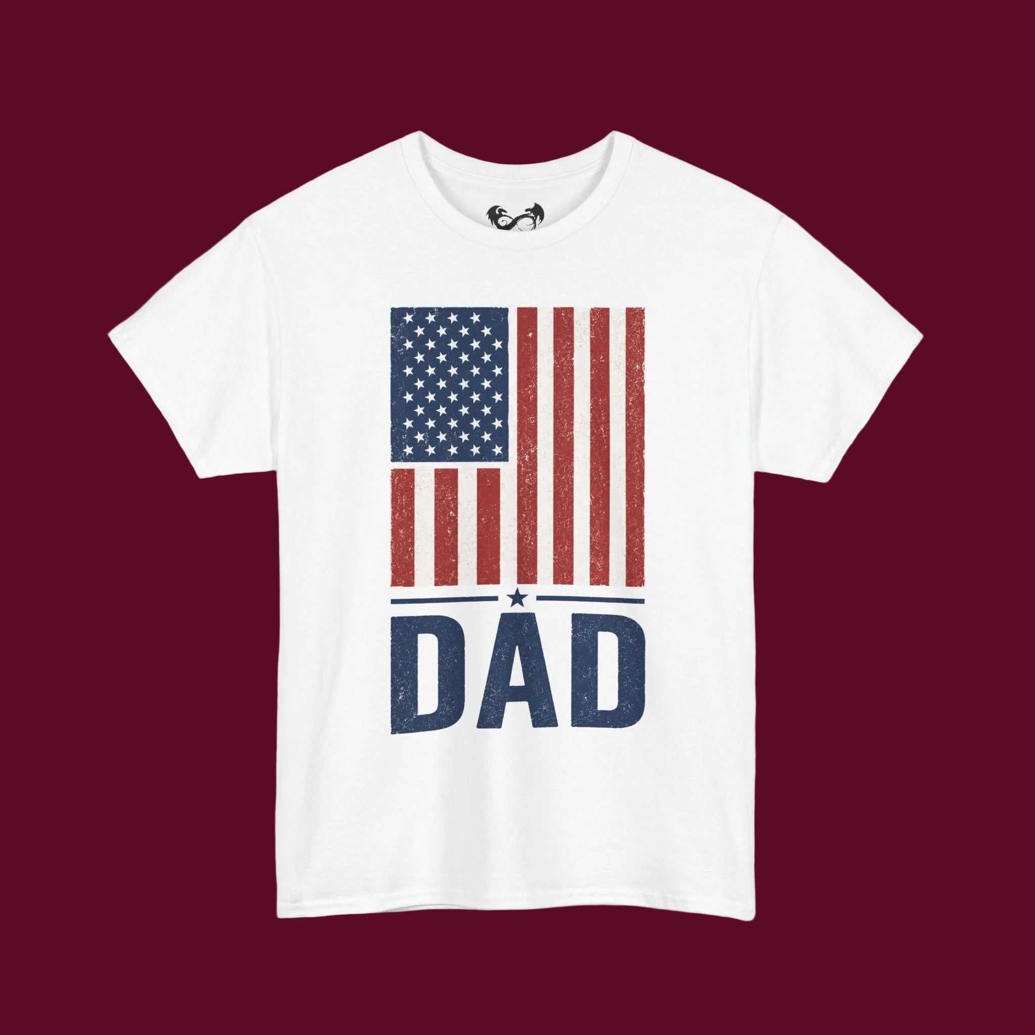 White t-shirt with American flag and 'DAD' text on a white background
