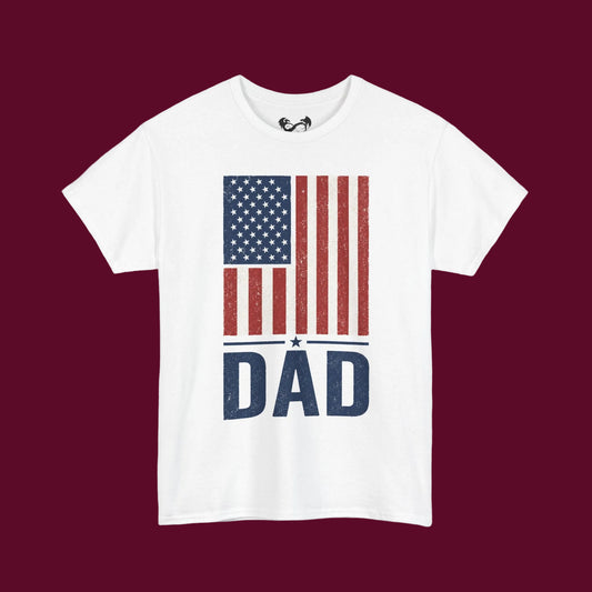 White t-shirt with American flag and 'DAD' text on a white background