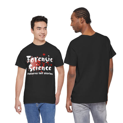 Black t-shirt with 'Forensic Science Evidence doesn't lie' design on a white background