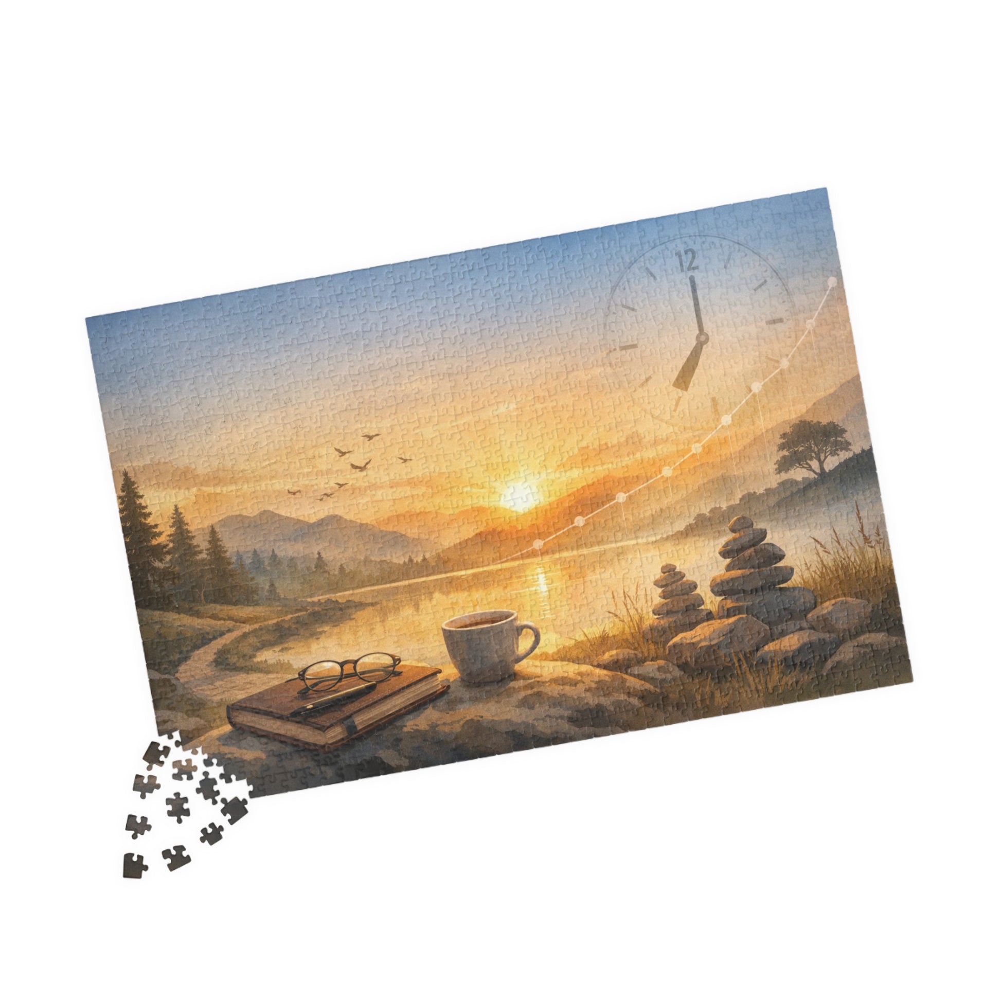 Jigsaw puzzle with a scenic design of a sunset over a lake, books, a cup, and stones.
