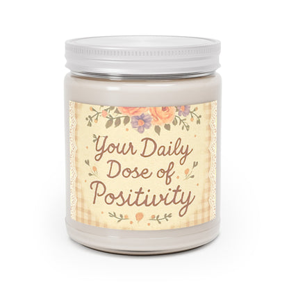 Candle jar with a label reading 'Your Daily Dose of Positivity' on a white background