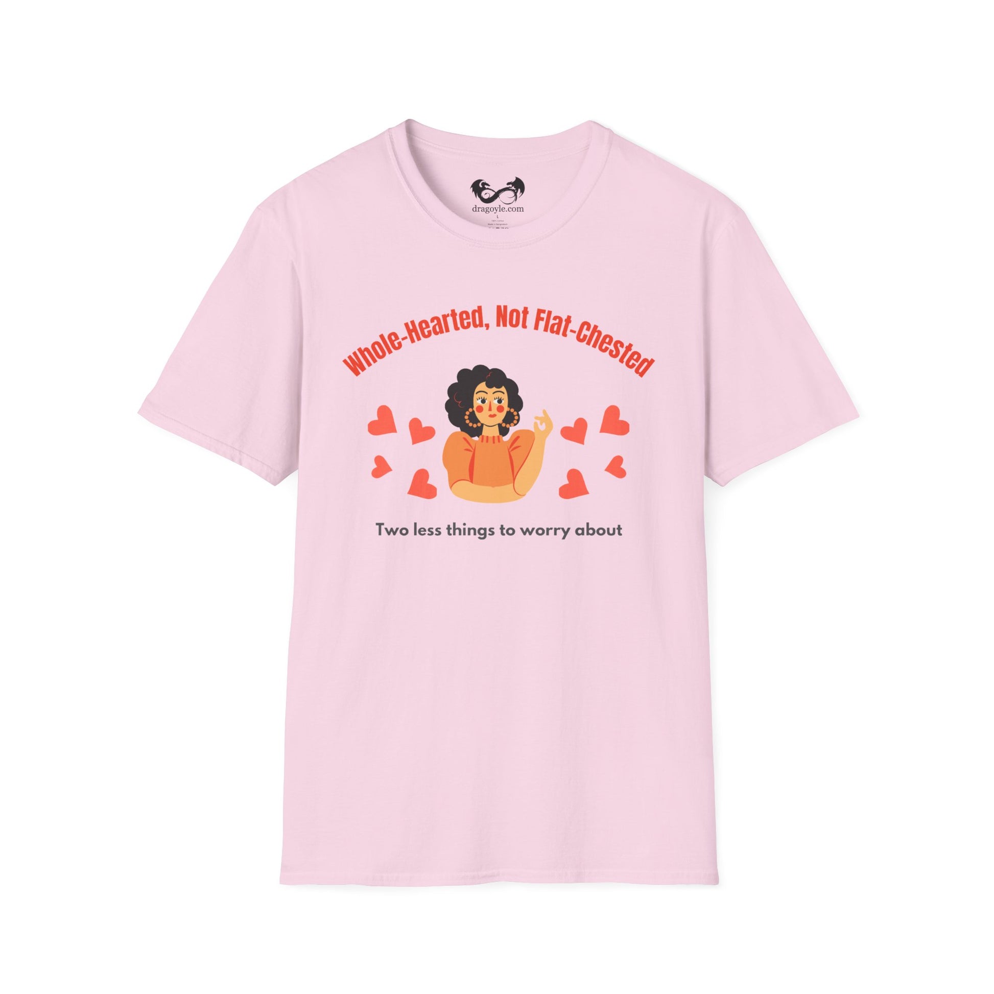 Pink t-shirt with graphic design and text on a white background