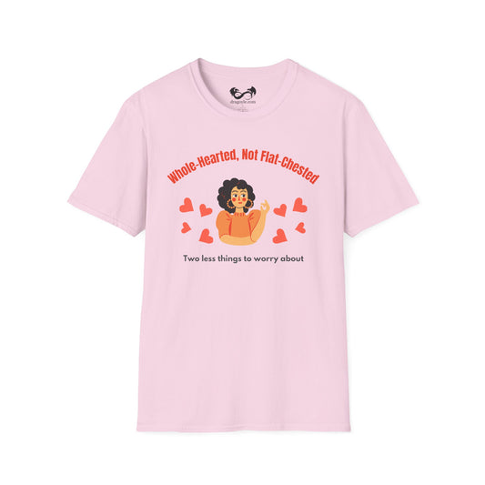 Pink t-shirt with graphic design and text on a white background