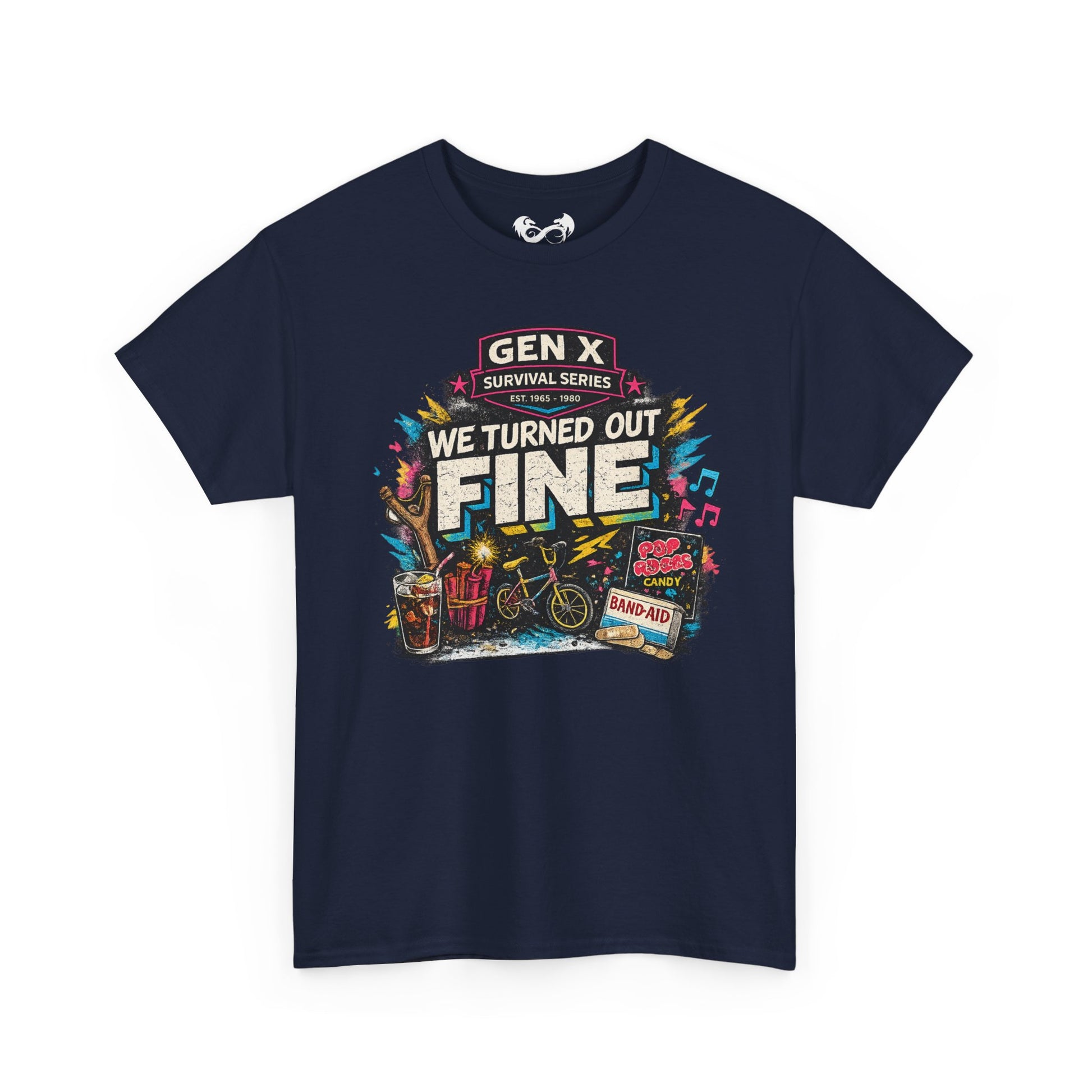Blue t-shirt with colorful graphic and text on a white background