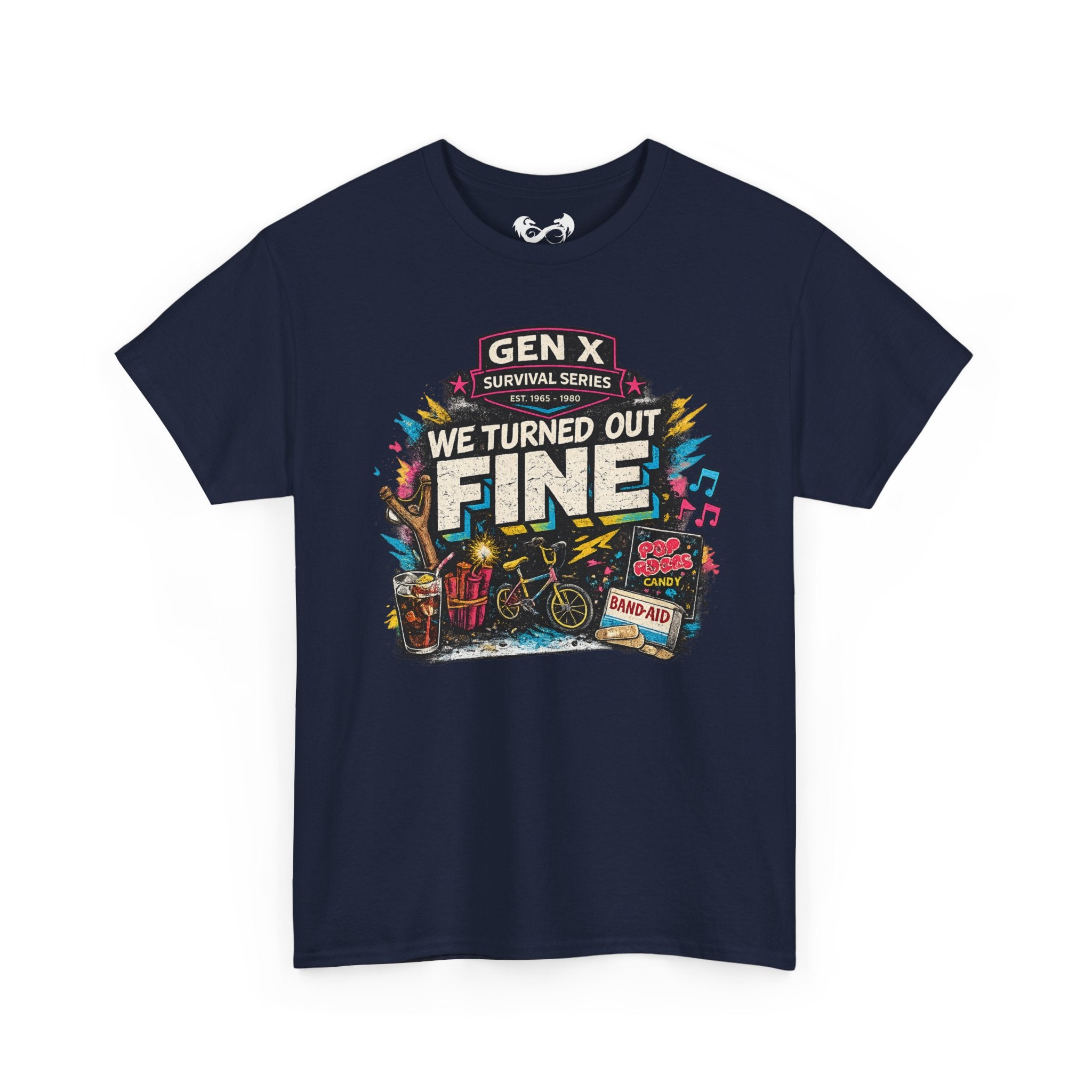 Blue t-shirt with colorful graphic and text on a white background