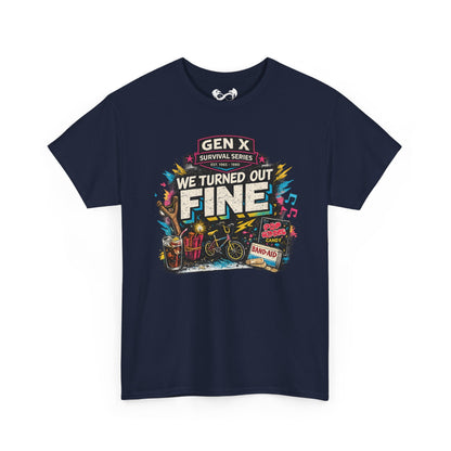 Blue t-shirt with colorful graphic and text on a white background