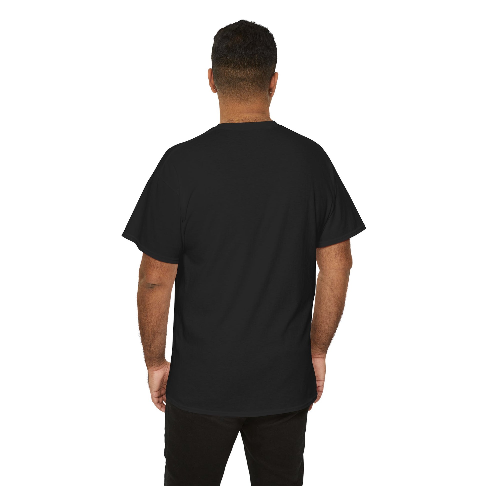 Person wearing a black t-shirt on a white background