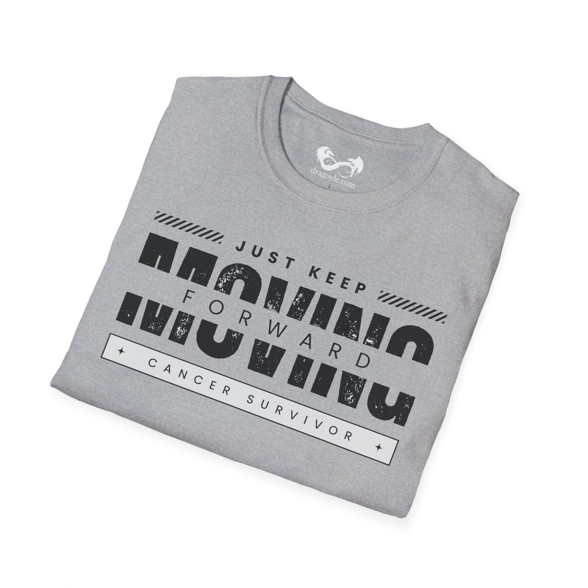 This unisex t-shirt is a canvas for self-expression, crafted for those who embrace resilience. With the phrase "Just Keep Moving Forward - Cancer Survivor" emblazoned across the chest, it celebrates strength and spirit.