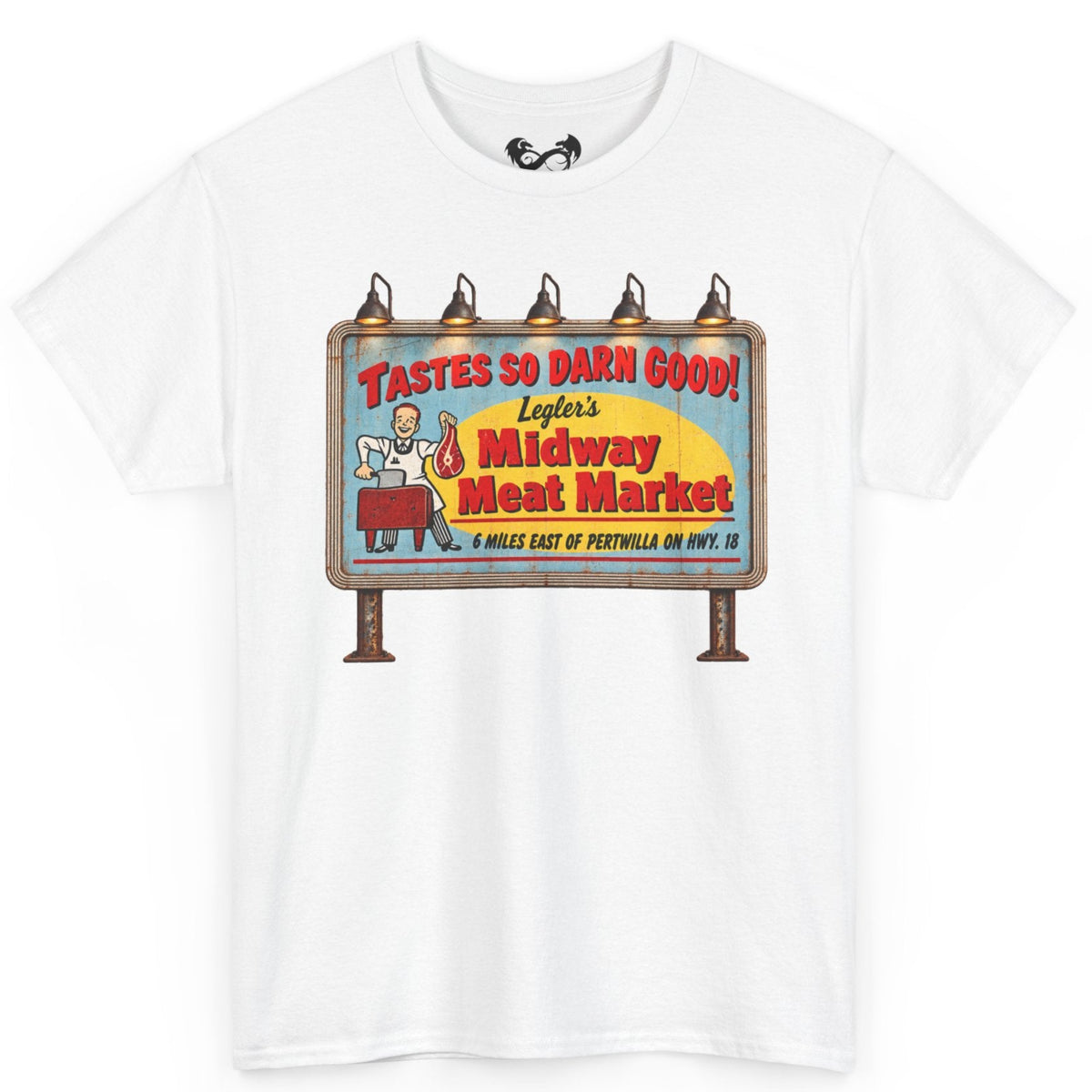 Bring a little vintage roadside horror to your wardrobe with this Jeepers Creepers-inspired Midway Meat Market T-shirt. Featuring the unmistakable retro roadside billboard design, distressed colors, bold red lettering, and classic old-school butcher-shop artwork, this shirt has the perfect mix of creepy, nostalgic, and Americana charm.