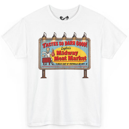 Bring a little vintage roadside horror to your wardrobe with this Jeepers Creepers-inspired Midway Meat Market T-shirt. Featuring the unmistakable retro roadside billboard design, distressed colors, bold red lettering, and classic old-school butcher-shop artwork, this shirt has the perfect mix of creepy, nostalgic, and Americana charm.