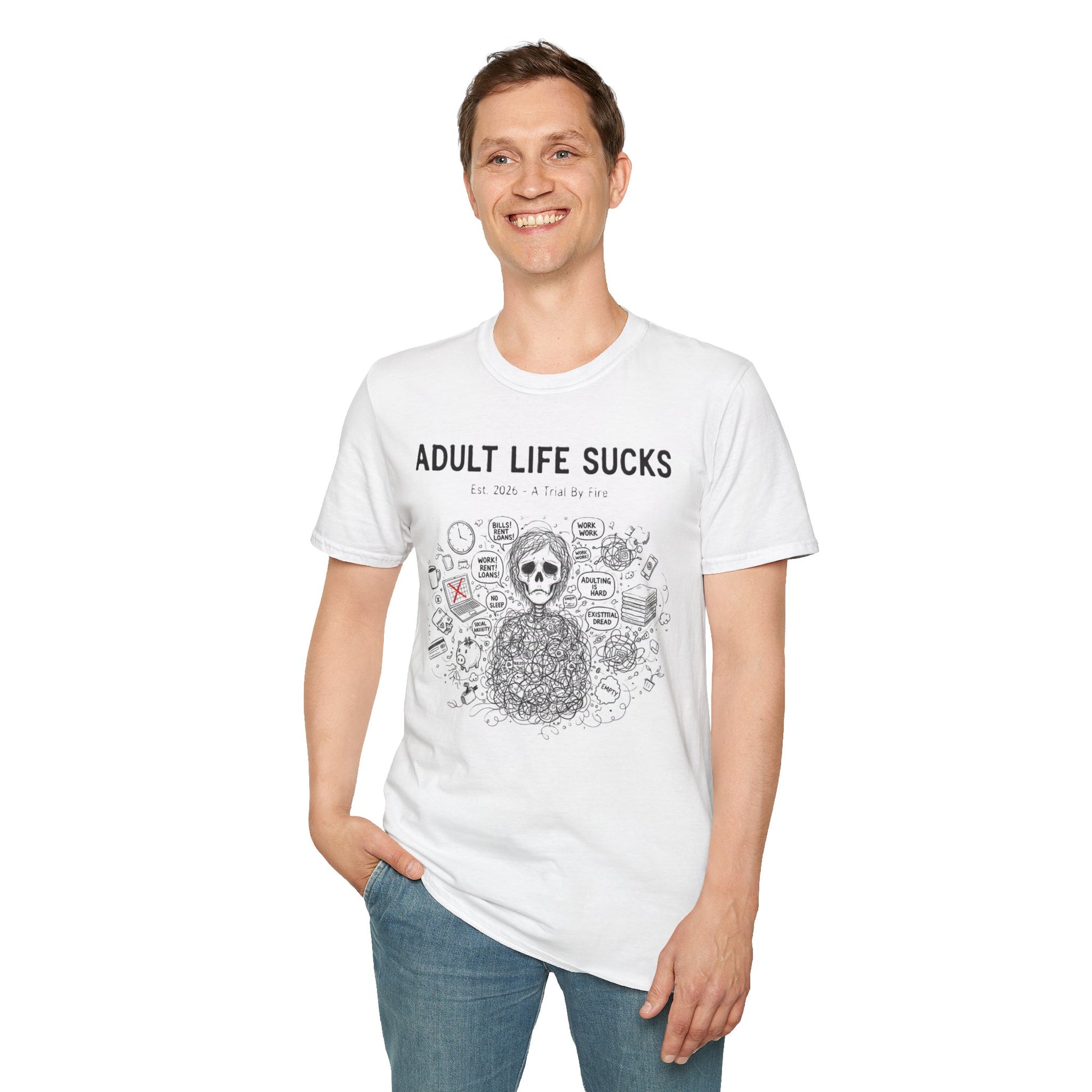 Person wearing a white t-shirt with 'Adult Life Sucks' text and graphic design.