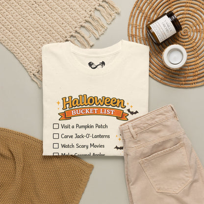 An off-white t-shirt with a 'Halloween Bucket List' graphic, styled in a flat lay with beige pants, a knit blanket, a jar candle, and a woven placemat on a light gray background.
