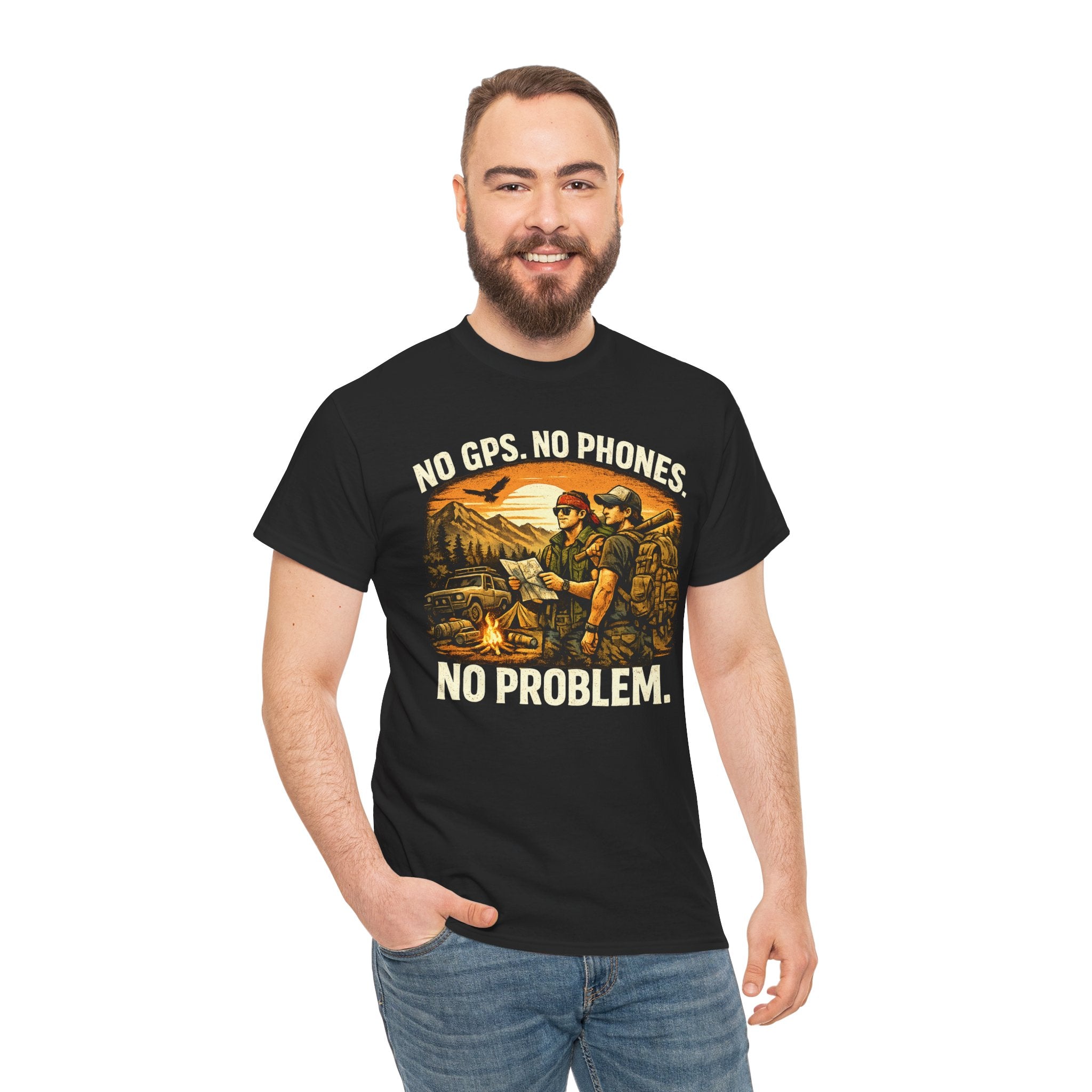 Man wearing a black t-shirt with a graphic design and text on a white background